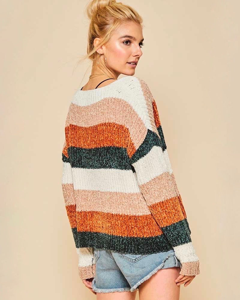 V-Neck Ribbed Colorblock Oversized Pullover Sweater