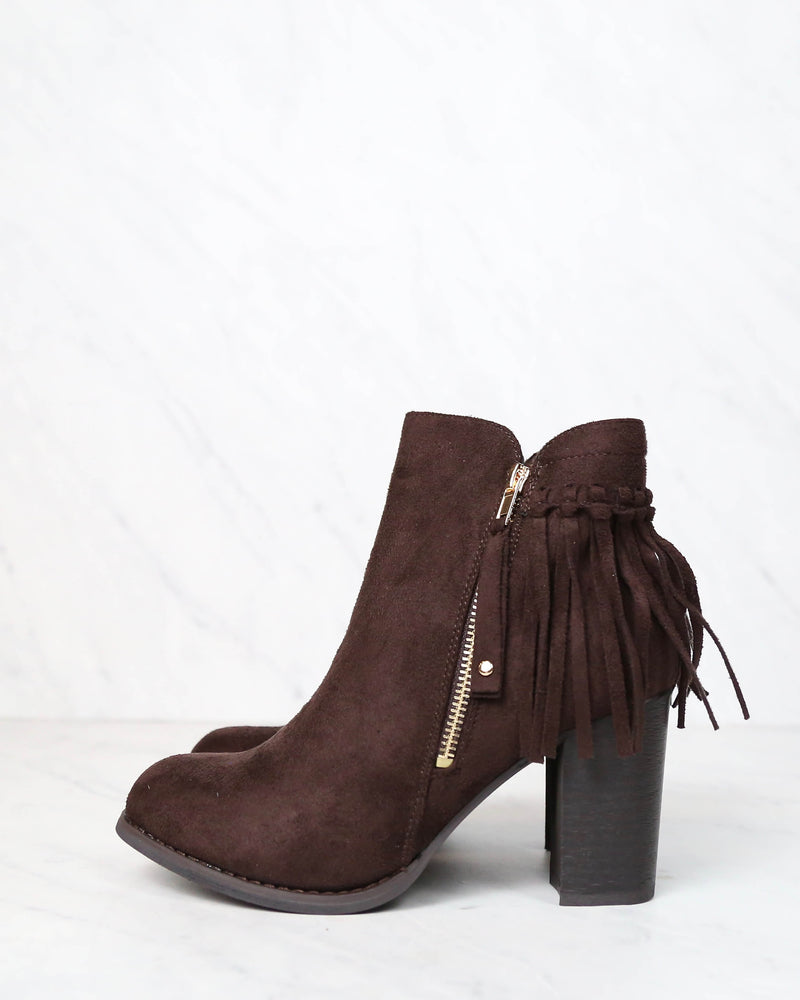 City Chic Fringe Vegan Suede Ankle Boots in Brown
