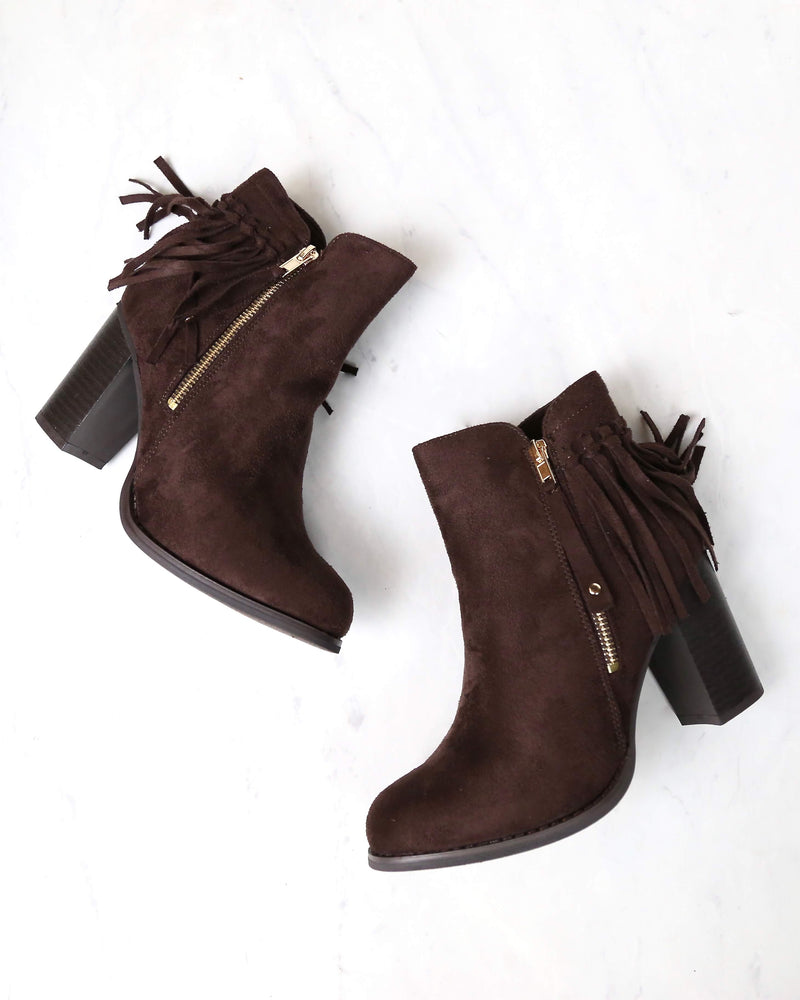 City Chic Fringe Vegan Suede Ankle Boots in Brown