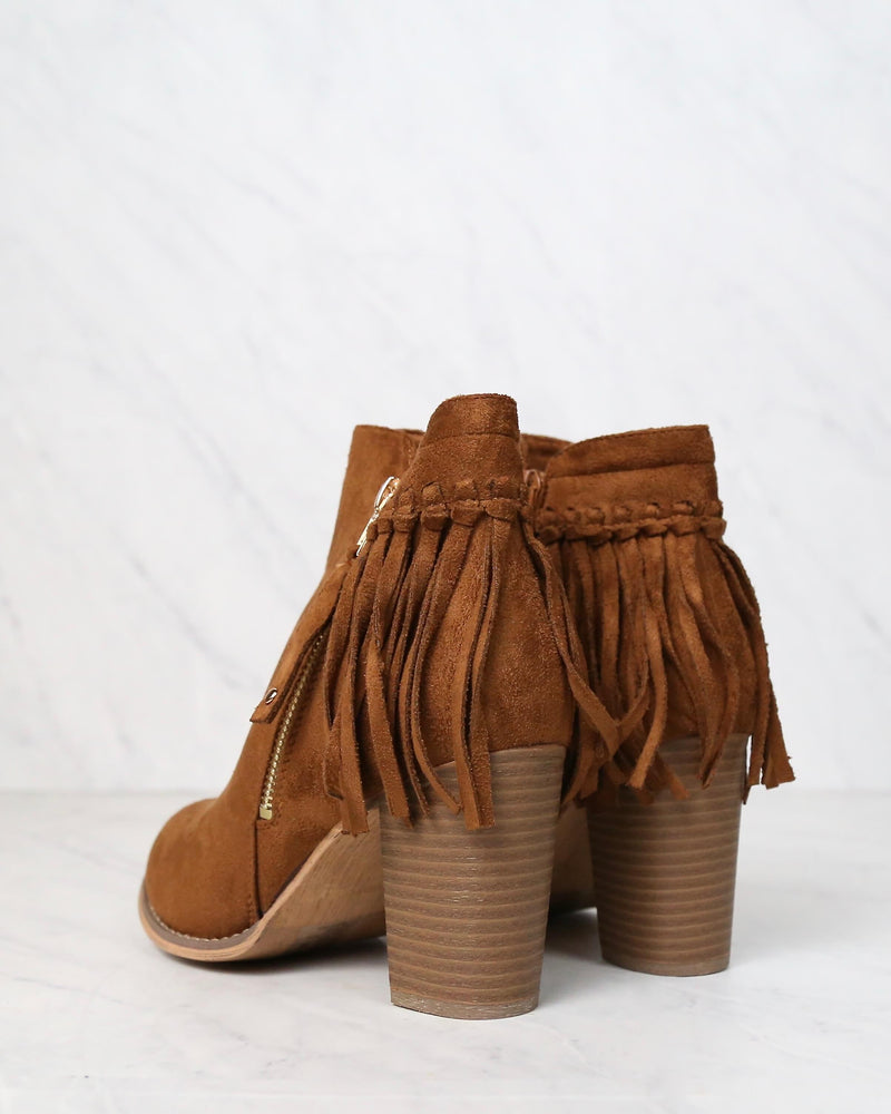 City Chic Fringe Vegan Suede Ankle Boots in Camel