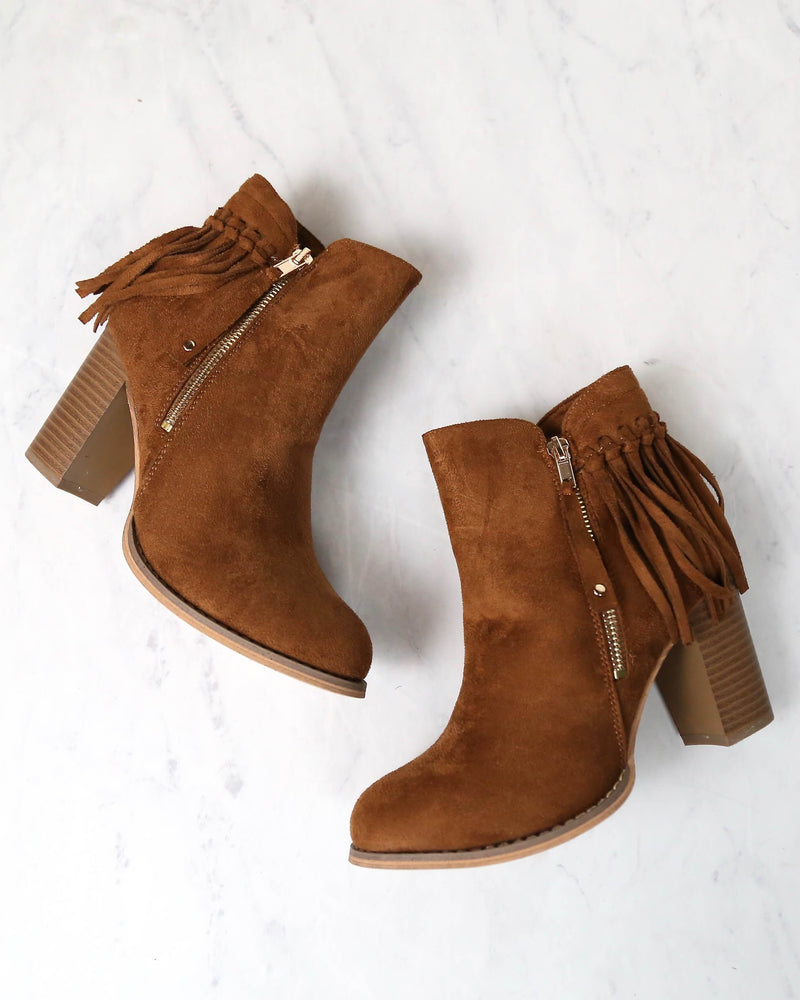 City Chic Fringe Vegan Suede Ankle Boots in Camel