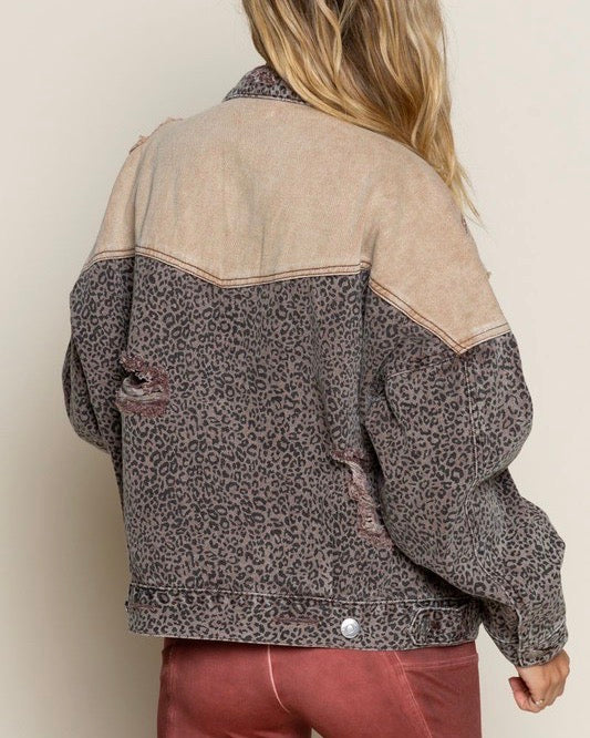 Vintage Style Distressed Leopard Denim Jacket in Caramel