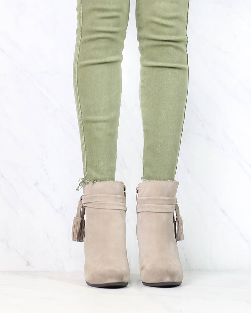 Very Volatile - Enchanted Tassel Detail Suede Leather Ankle Booties in Taupe