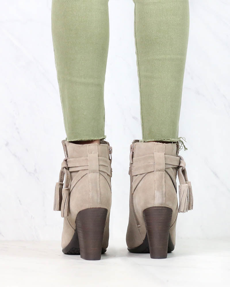 Very Volatile - Enchanted Tassel Detail Suede Leather Ankle Booties in Taupe