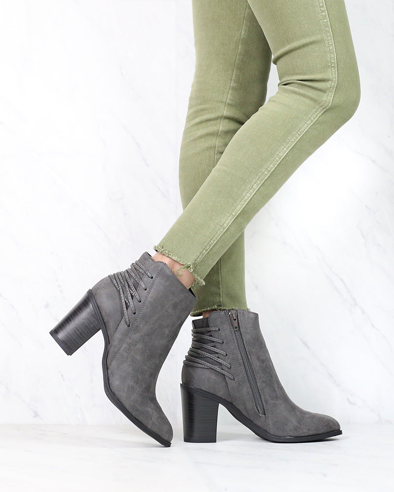 Very Volatile - Lacey Lace Up Back Booties in Charcoal