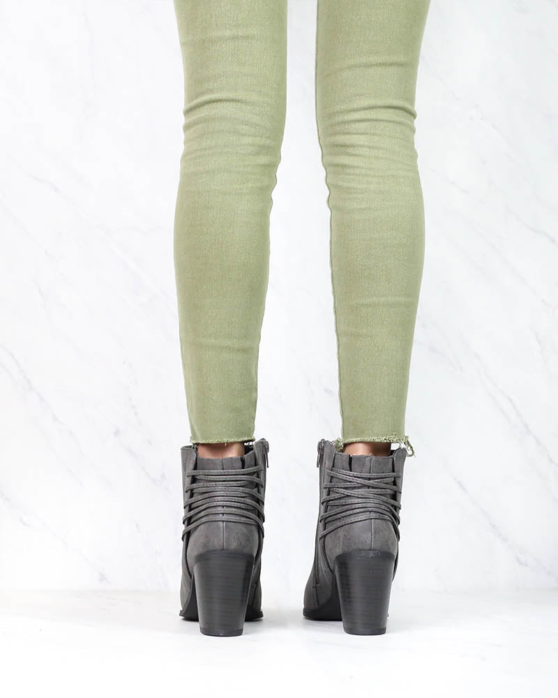 Very Volatile - Lacey Lace Up Back Booties in Charcoal