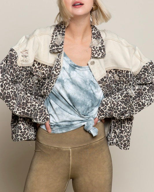 Vintage Style Distressed Leopard Denim Jacket in Taupe