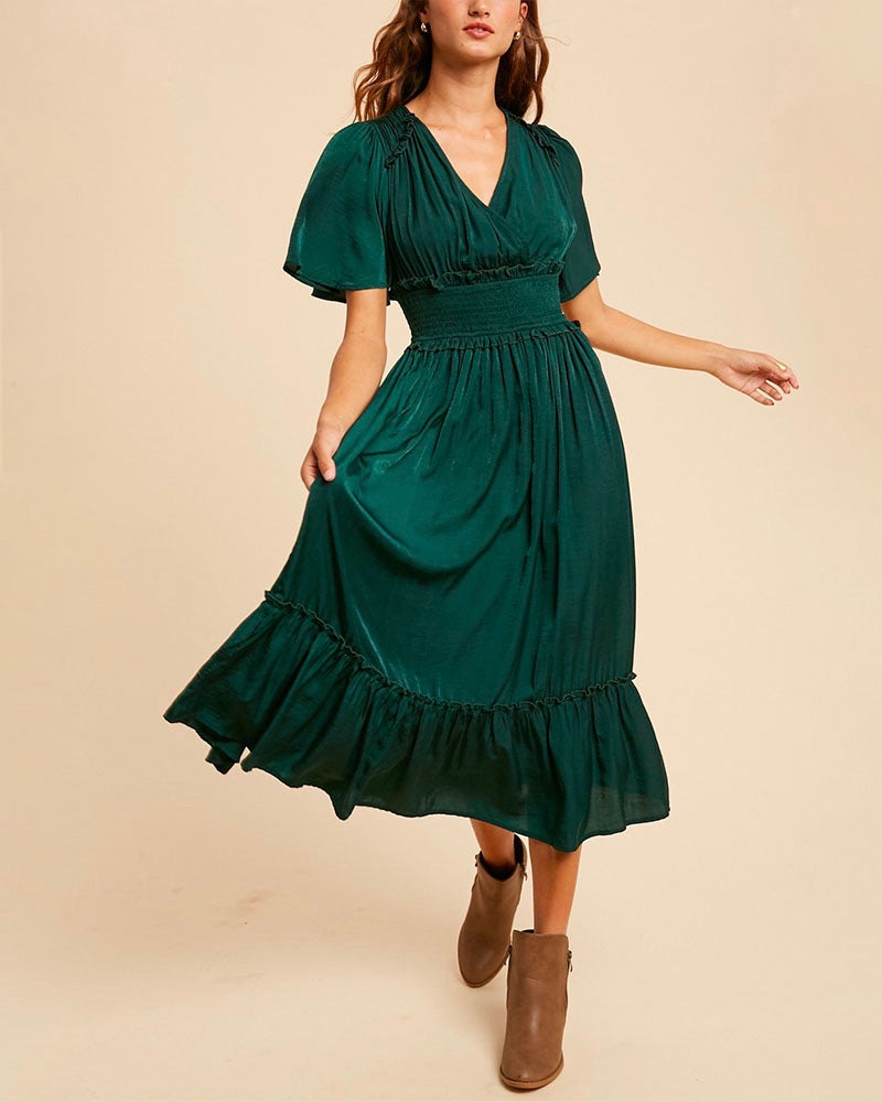 Whitney Washed Satin Ruffled Smocked Bodice Midi Dress in Hunter Green