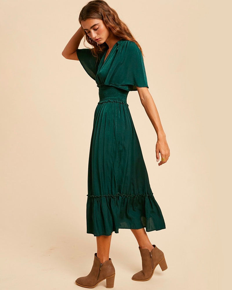 Whitney Washed Satin Ruffled Smocked Bodice Midi Dress in Hunter Green Shop Hearts Whitney Washed Satin Ruffled Smocked Bodice Midi Dress in Hunter Green Shop Hearts