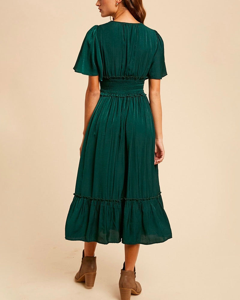 Whitney Washed Satin Ruffled Smocked Bodice Midi Dress in Hunter Green Shop Hearts Whitney Washed Satin Ruffled Smocked Bodice Midi Dress in Hunter Green Shop Hearts