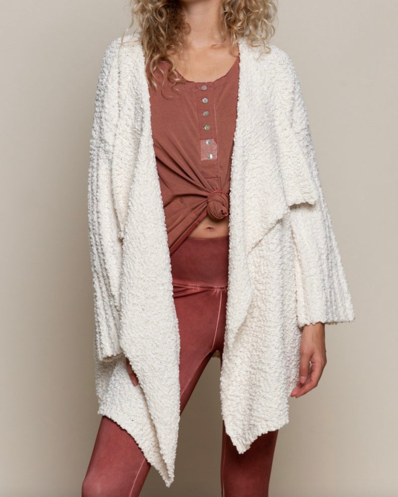 Open Front Waterfall Popcorn Cardigan Sweater in Pearled Ivory