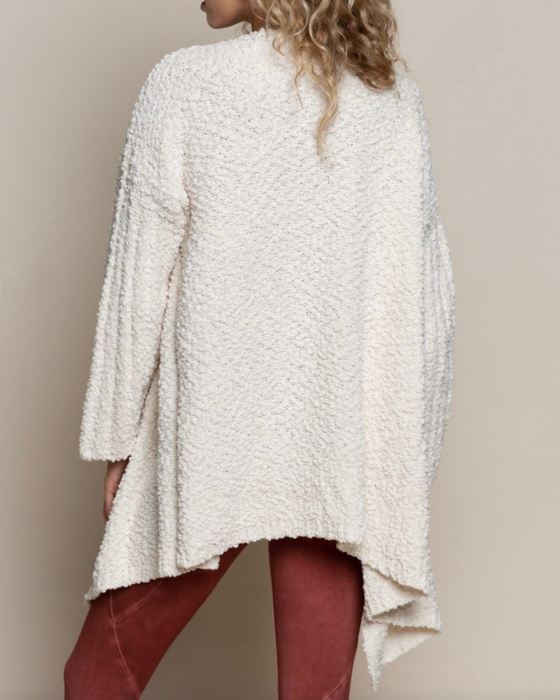 Open Front Waterfall Popcorn Cardigan Sweater in Pearled Ivory