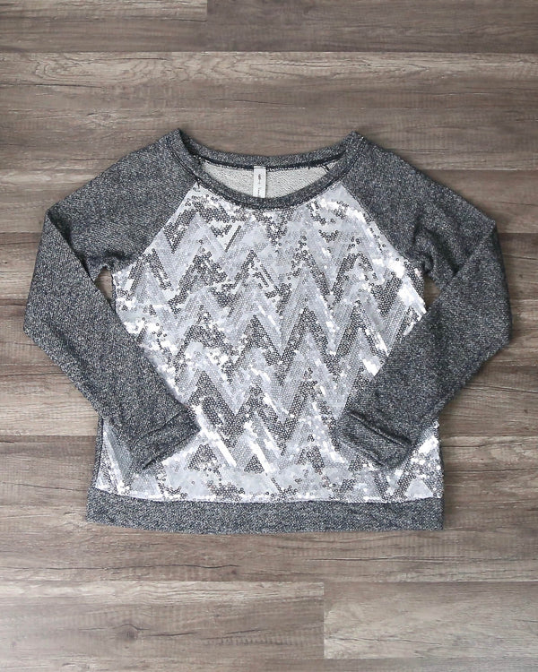 Final Sale - Chevron Sequin French Terry Shirt in Charcoal