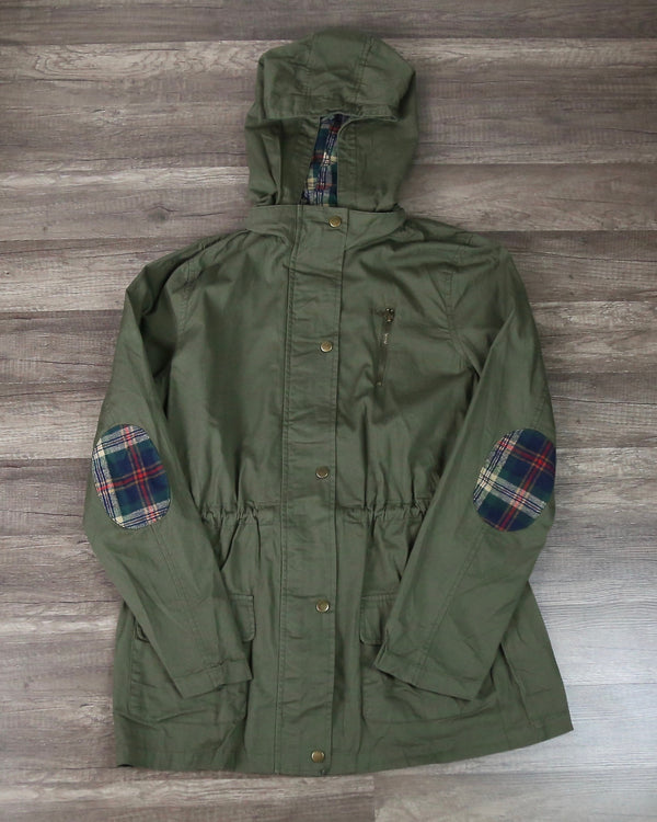 Womens Hooded Utility Parka Jacket with Drawstring Waist in Olive Green