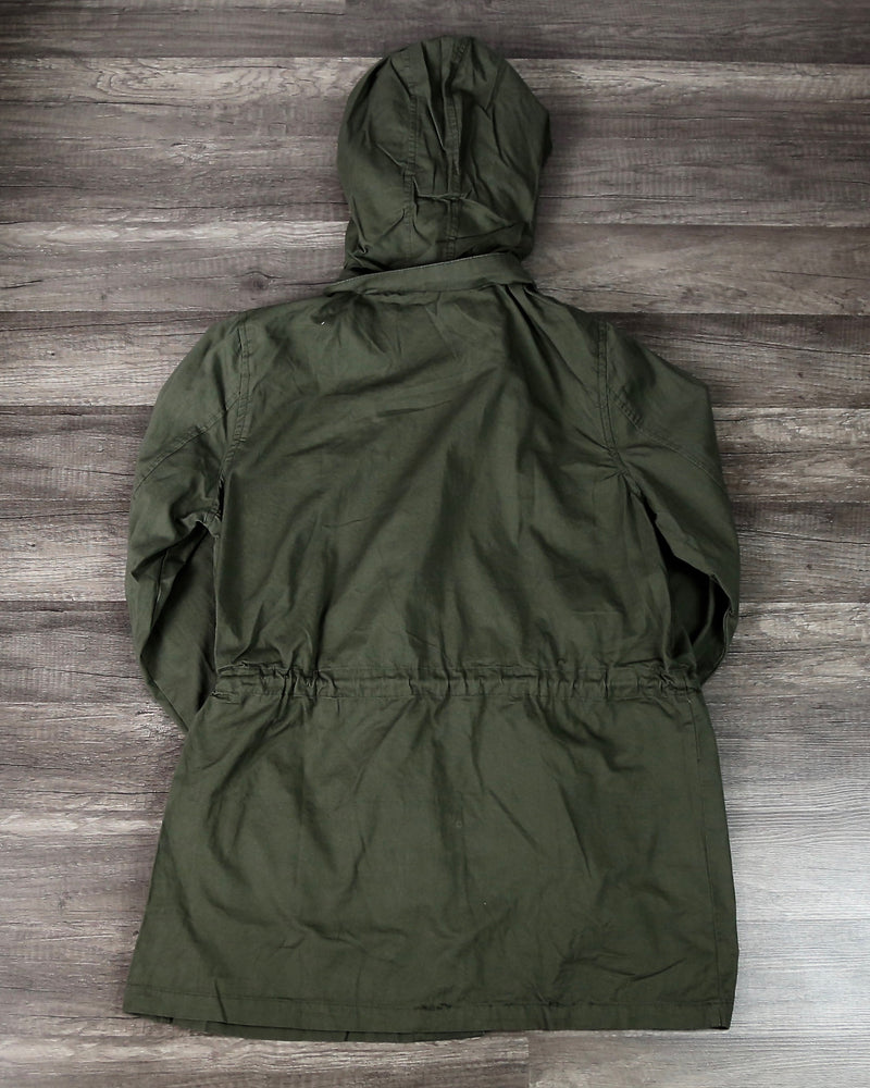 Womens Hooded Utility Parka Jacket with Drawstring Waist in Olive Green