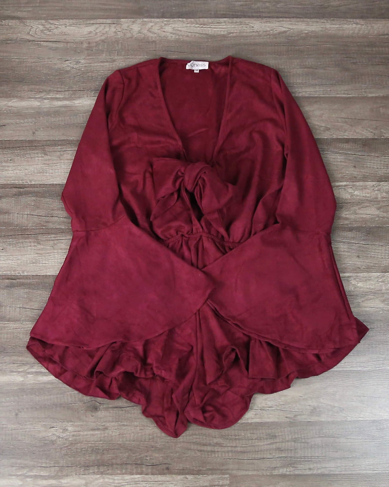 Lioness - Suede With It Ruffle Hem Romper in Burgundy