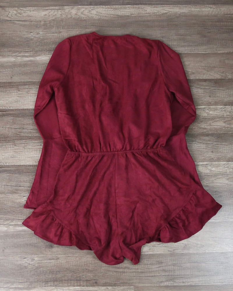 Lioness - Suede With It Ruffle Hem Romper in Burgundy