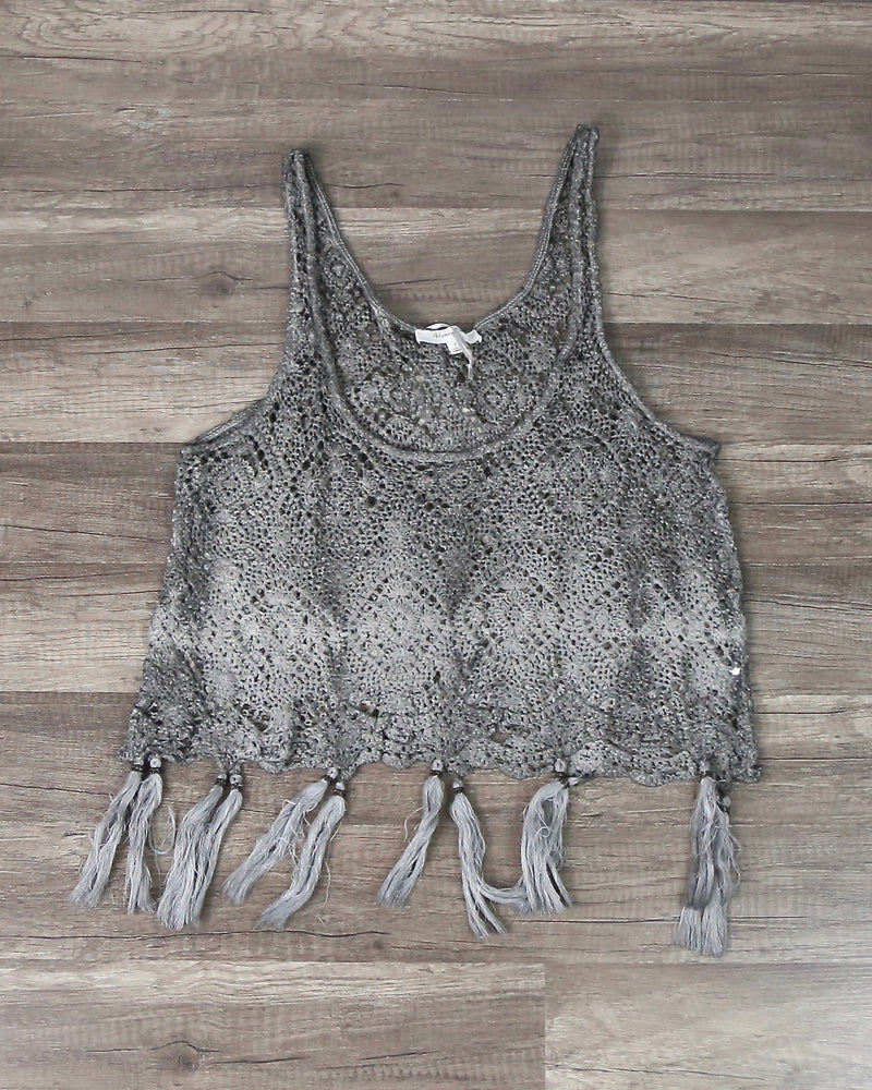 West Coast Crochet Tank with Tassels in Brown/Grey