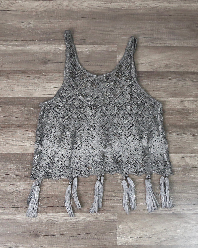 West Coast Crochet Tank with Tassels in Brown/Grey
