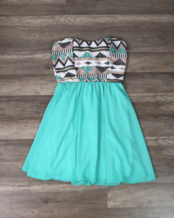 Aztec Sequin Strapless Sweetheart Dress in Turquoise