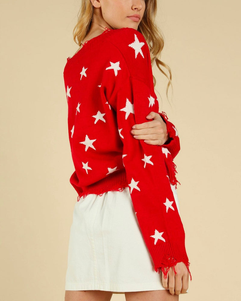 Wild Honey - Distressed Star Knit Sweater - More Colors