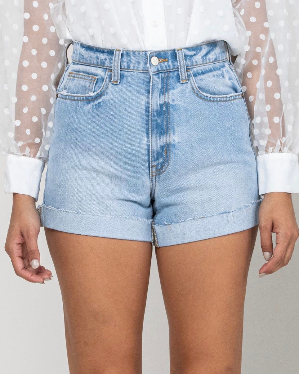 Hailey High Rise Single Cuff Mom Shorts in Light Denim - front view | ShopHearts