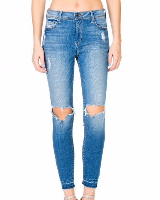 Final Sale - Cello - Mid Rise Crop Skinny with Knee Rips - Medium Wash
