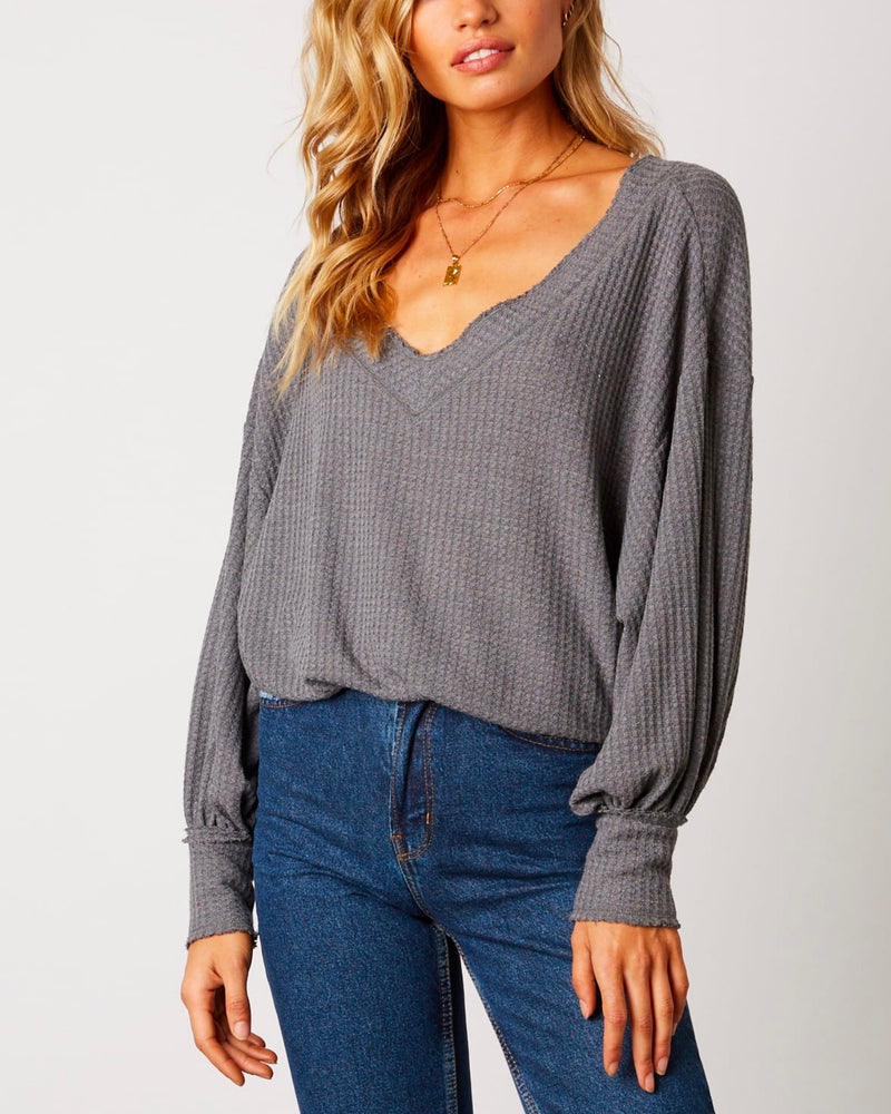 Waffle Knit Thermal V Neck Top with Cuffed Sleeves - More Colors