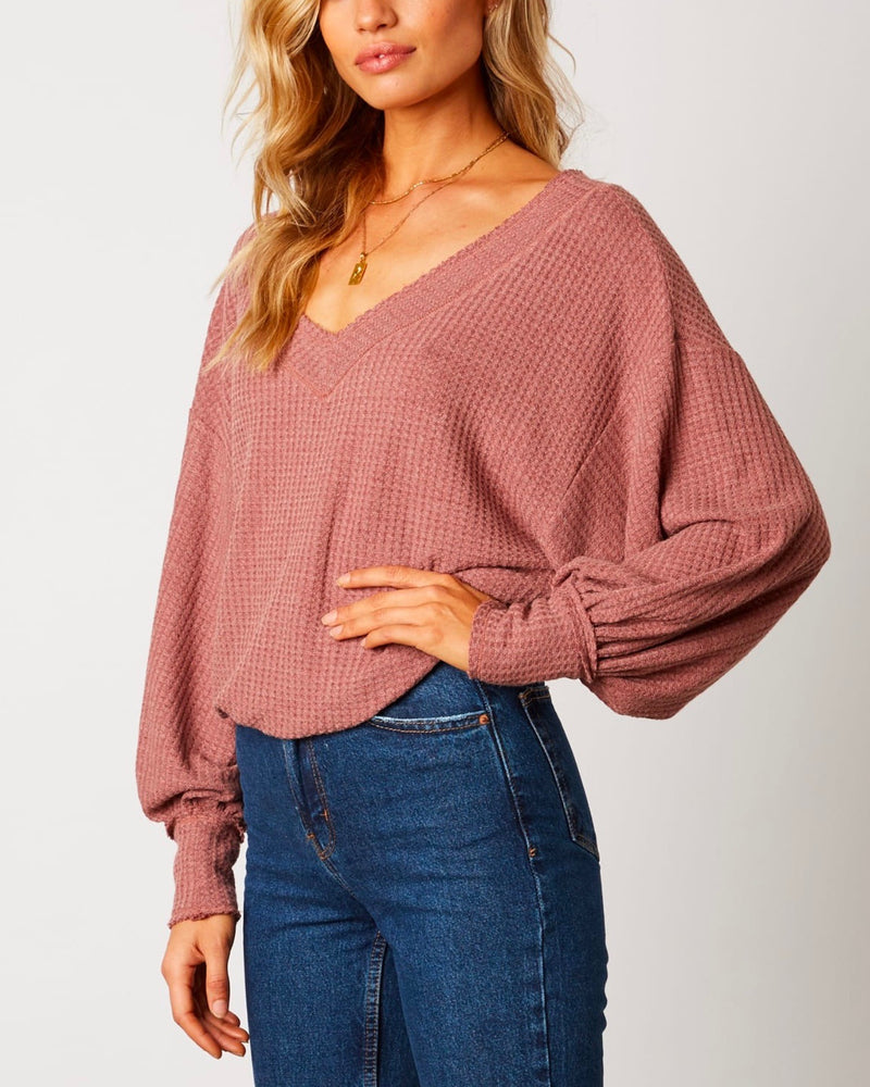 Waffle Knit Thermal V Neck Top with Cuffed Sleeves - More Colors
