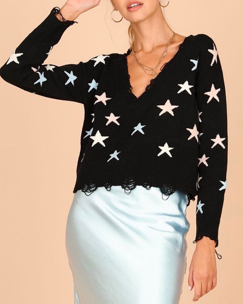 Wild Honey - Distressed Star Knit Sweater - More Colors
