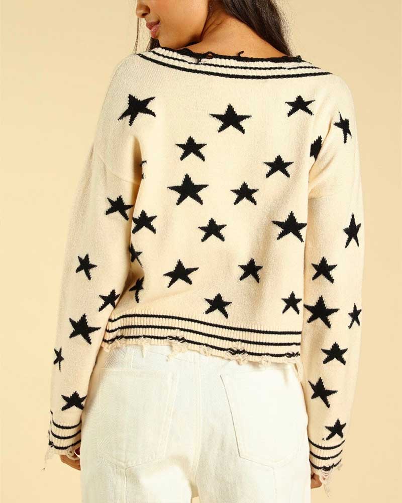 Wild Honey - Distressed V-Neck Star Knit Sweater - More Colors