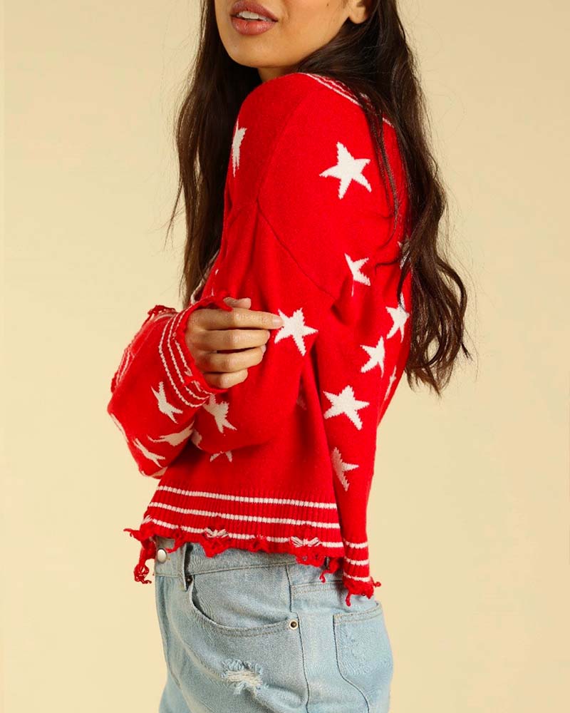 Wild Honey - Distressed V-Neck Star Knit Sweater - More Colors