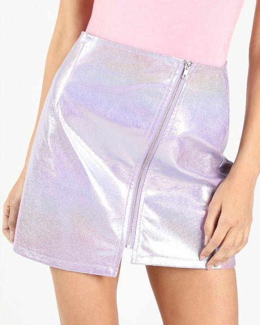 FINAL SALE - Wild Honey - Iridescent PU asymmetrical zip skirt in Holographic Purple