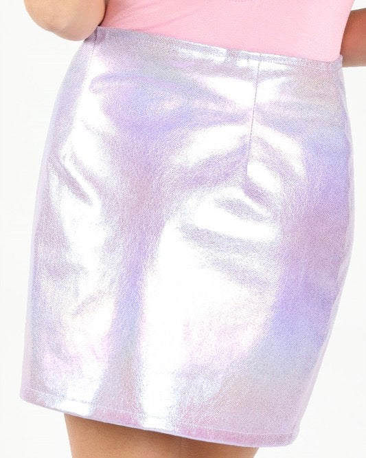 FINAL SALE - Wild Honey - Iridescent PU asymmetrical zip skirt in Holographic Purple