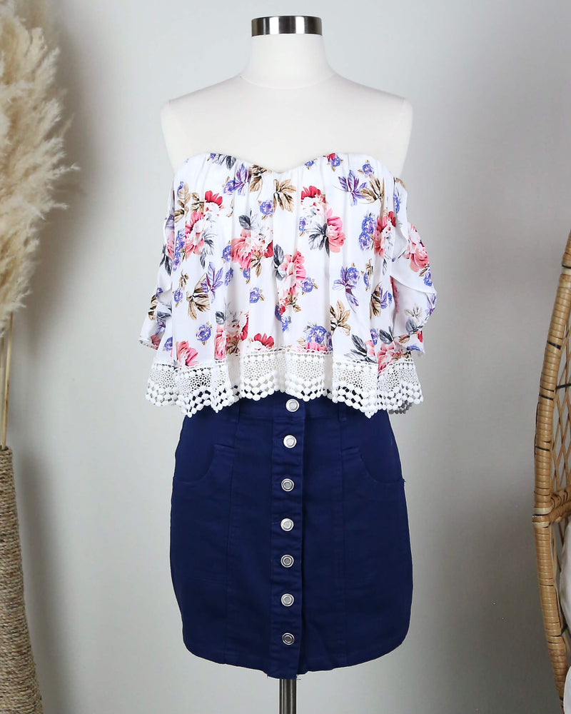 Woven Button Up Essential Denim Mini Skirt with Front Pockets in Navy