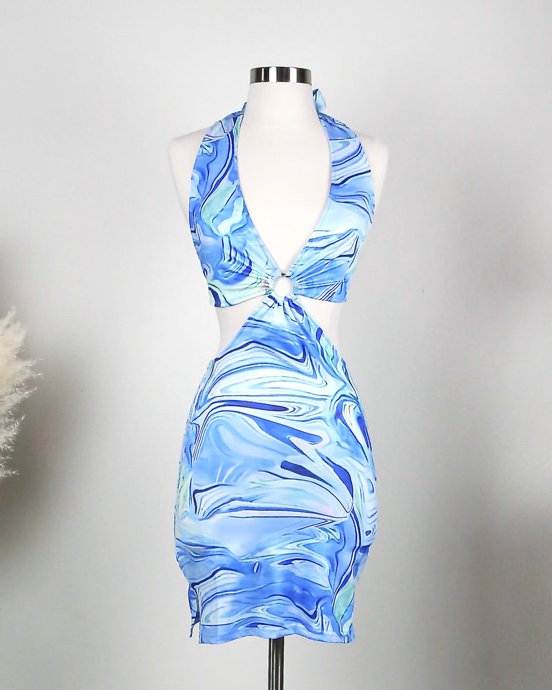 Y2K Marble Halter Mid Cutout Dress in Blue