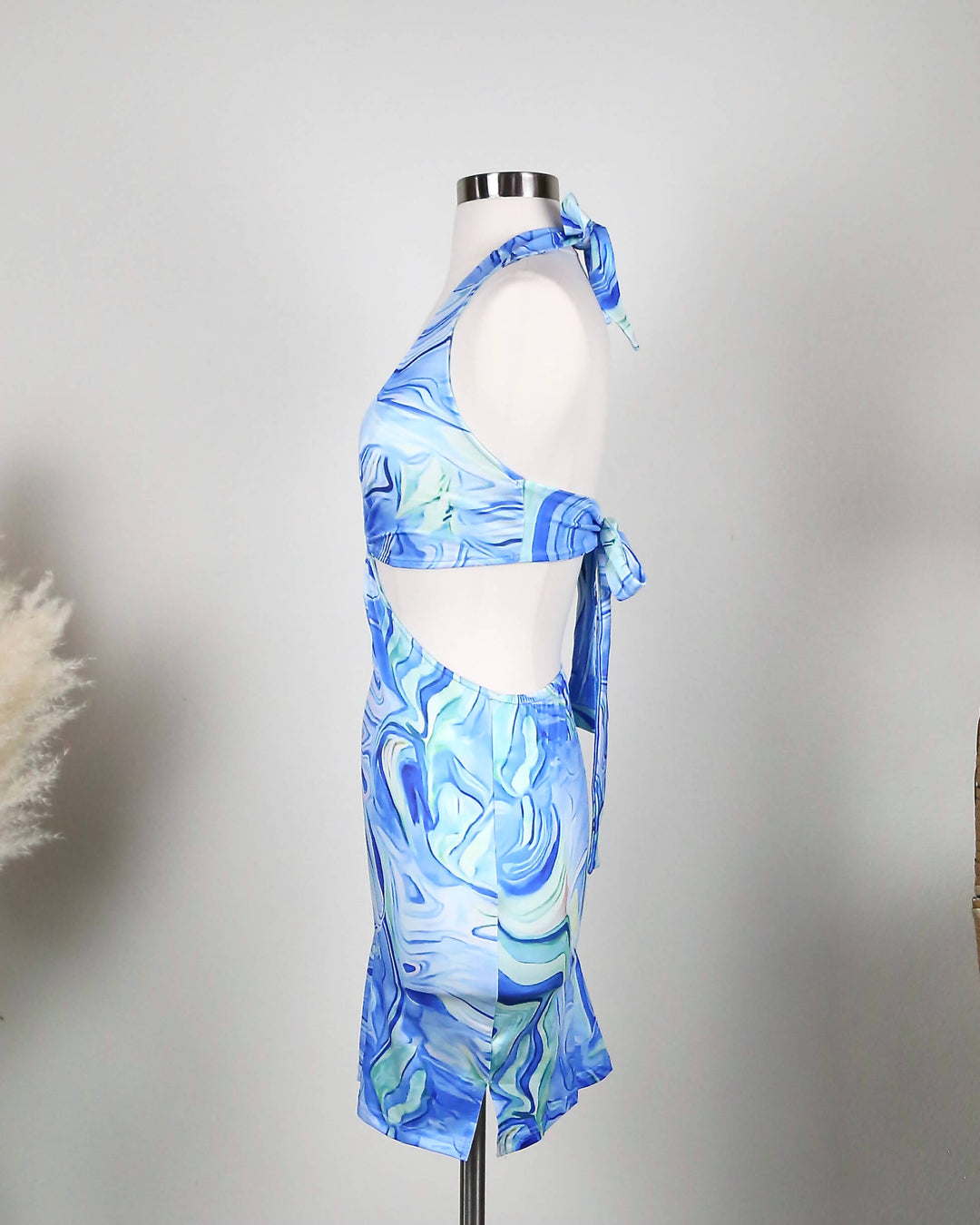 Y2K Marble Halter Mid Cutout Dress in Blue Shop Hearts Y2K Marble Halter Mid Cutout Dress in Blue Shop Hearts