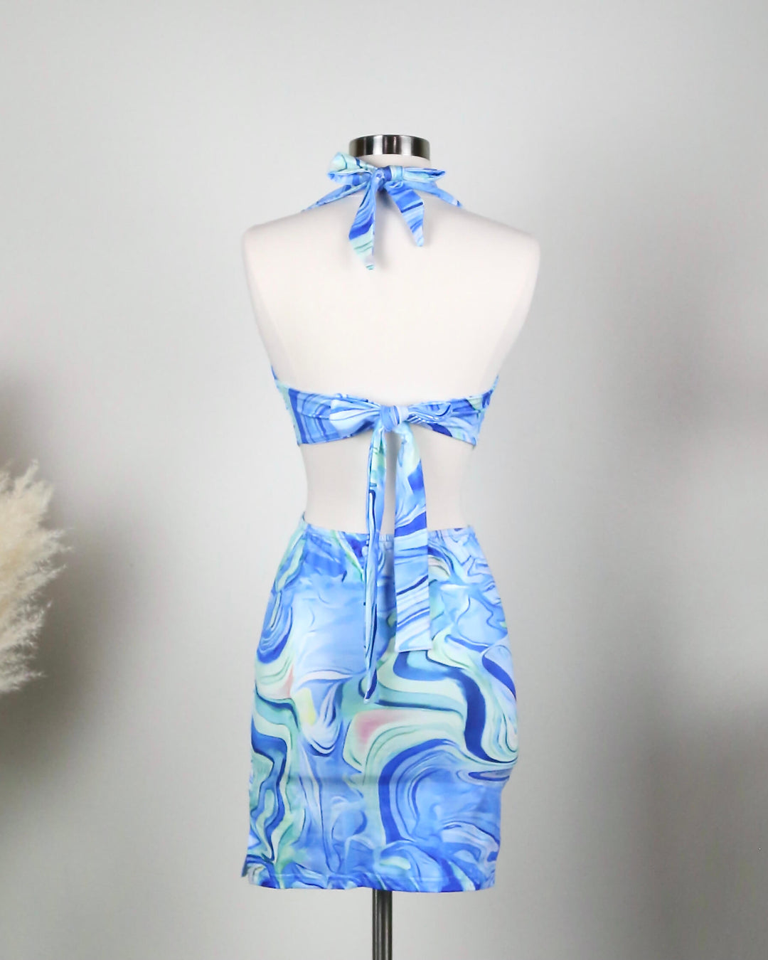 Y2K Marble Halter Mid Cutout Dress in Blue Shop Hearts Y2K Marble Halter Mid Cutout Dress in Blue Shop Hearts