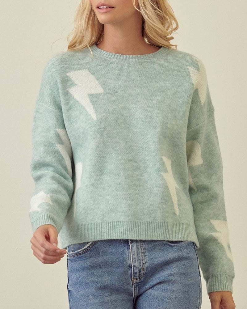 Zap! Zap! Lightning Bolt Patterned Knit Sweater with Drop Shoulders in More Colors