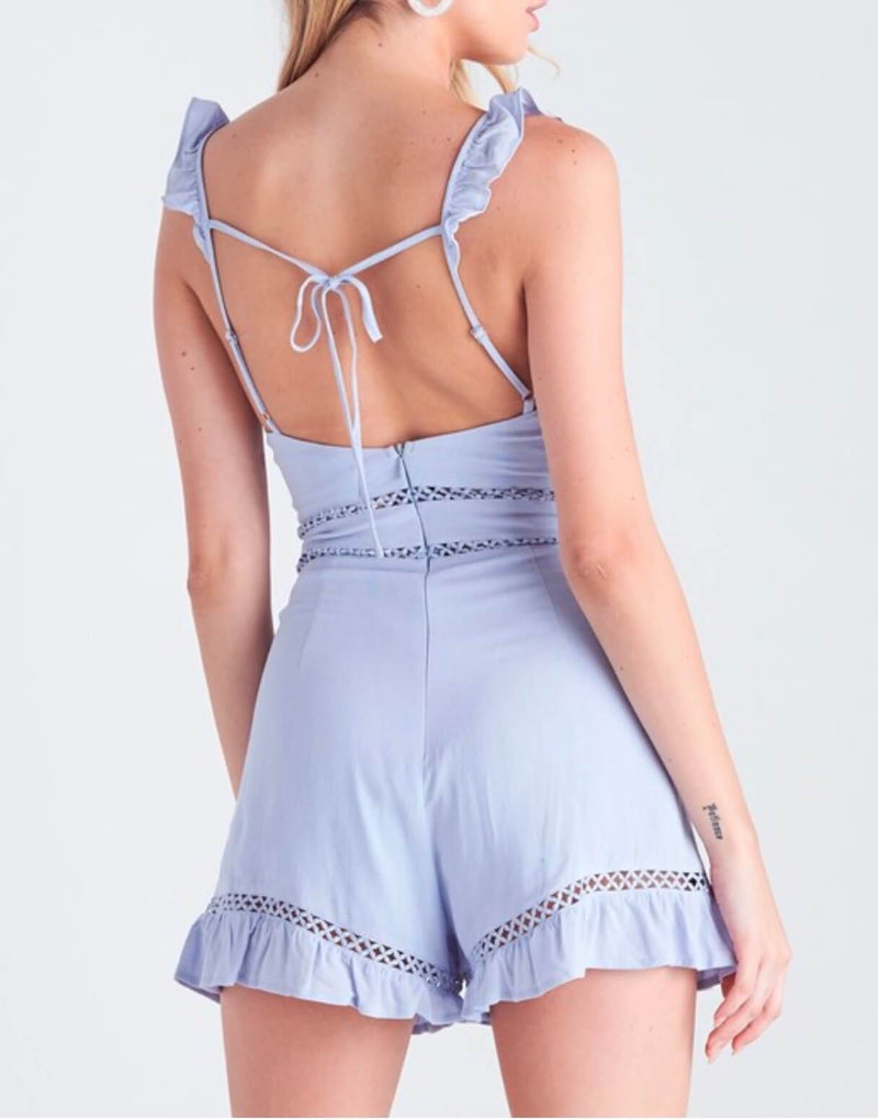 Final Sale - Sleeveless Eyelet Detailed Ruffled Romper with Back Tie - Sky Blue