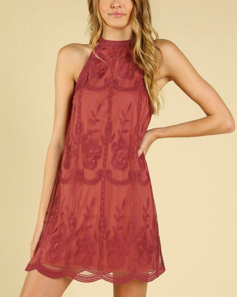 As You Wish Embroidered Halter Lace Mini Dress in More Colors