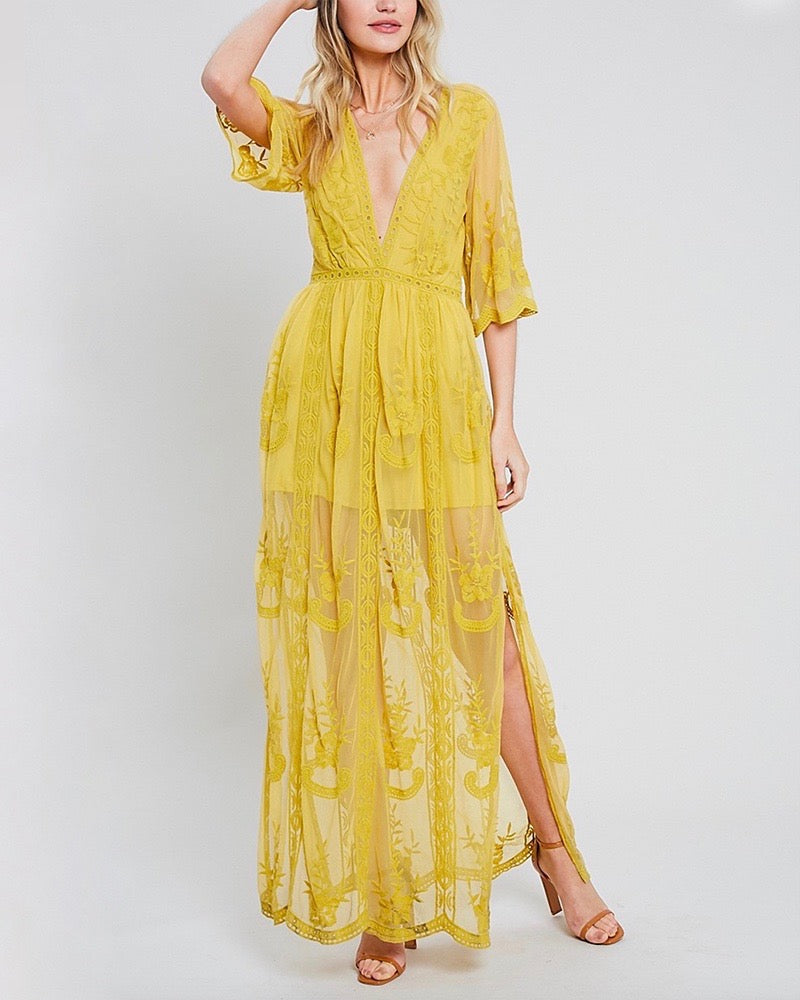 as you wish embroidered lace maxi dress (women) - mustard