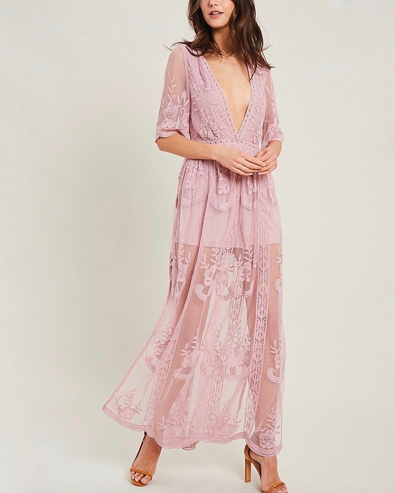 as you wish embroidered lace maxi dress (women) - light mauve