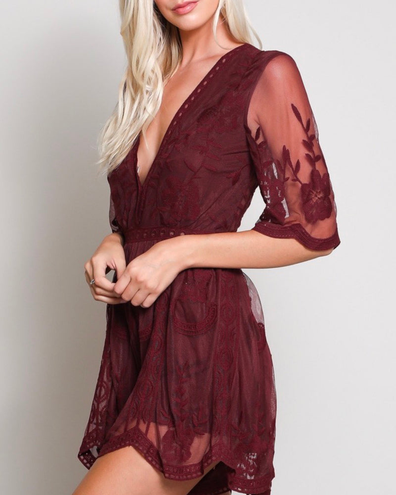 Lace romper dress burgundy clearance