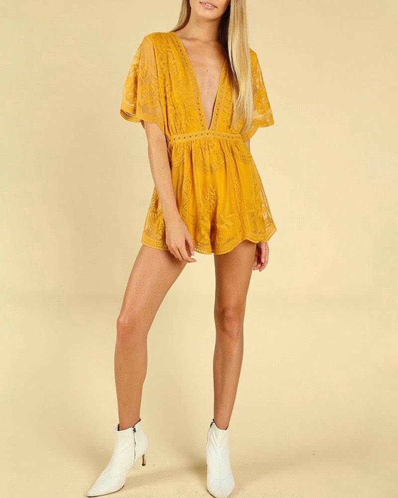 as you wish wild honey honey punch SHORT SLEEVE EMBROIDERED DEEP V LACE ROMPER CHLOE YELLOW