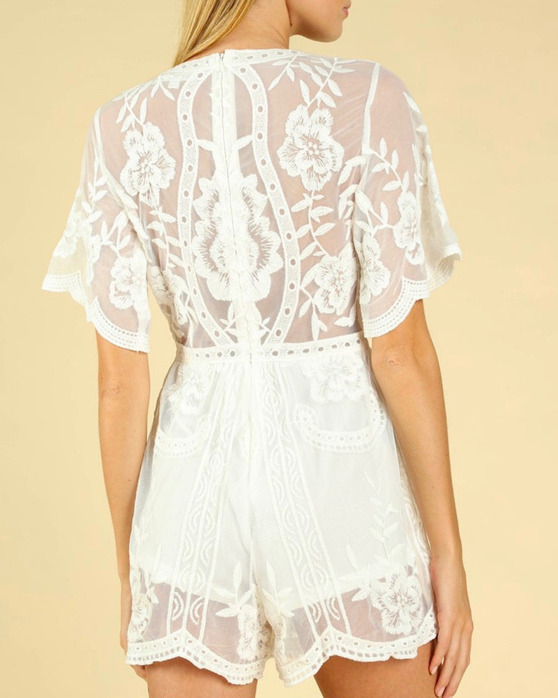 as you wish wild honey honey punch SHORT SLEEVE EMBROIDERED DEEP V LACE ROMPER WHITE