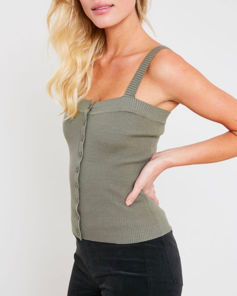 Basic Knit Button Front Square Neck Tank in Olive