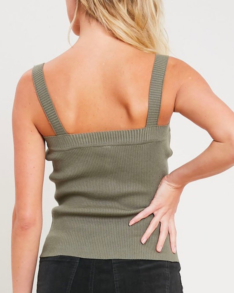 Basic Knit Button Front Square Neck Tank in Olive