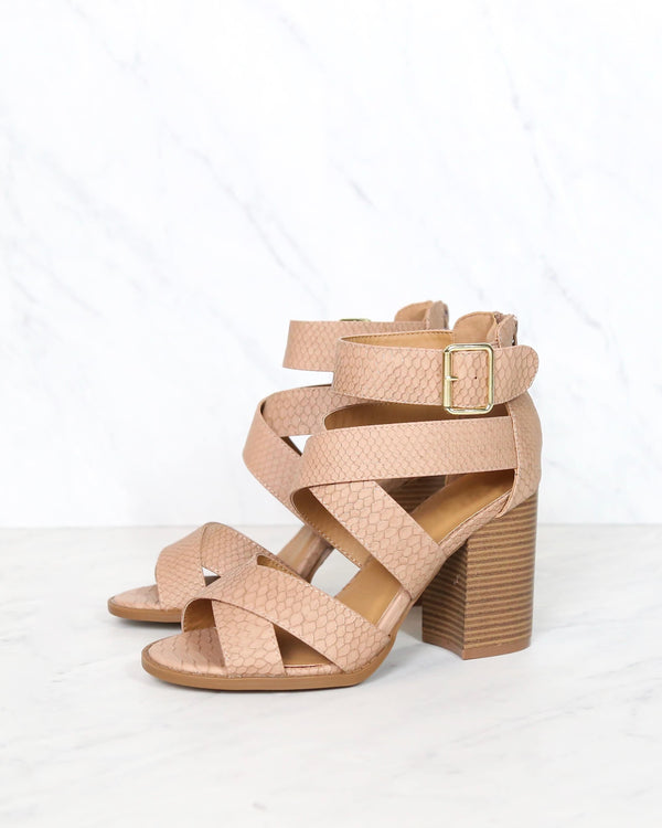 Sneaky Snake Textured Strappy Peep Toe Heeled Sandals in Dark Blush