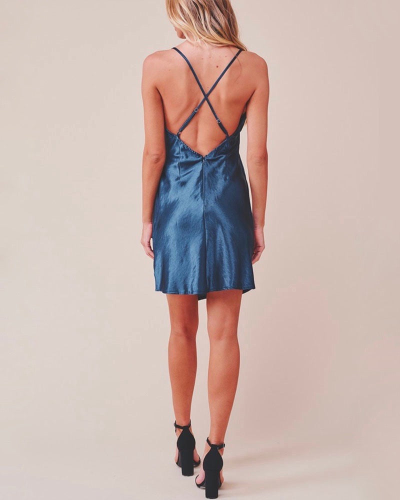 Breaking Hearts Satin Cowl Neck Front Wrap Mini Dress in Navy  Shop Hearts